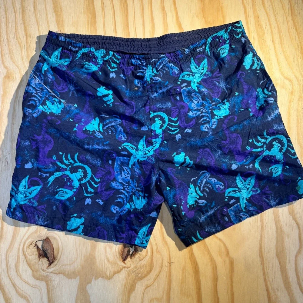 Men's Vintage Crab Ocean Print Swim Trunks Blue Purple Size large